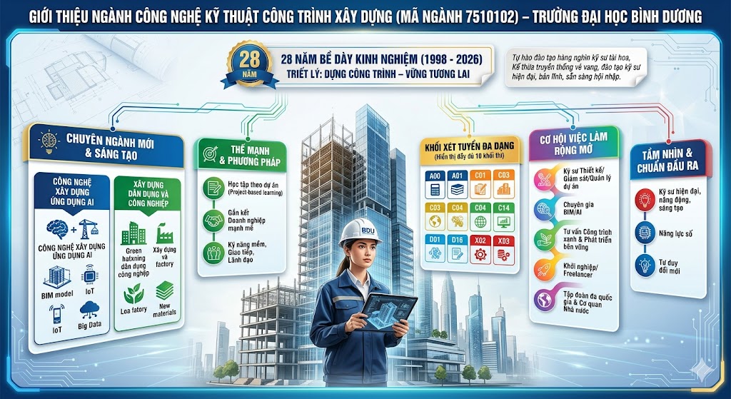 GIỚI THIỆU NGÀNH CÔNG NGHỆ KỸ THUẬT CÔNG TRÌNH XÂY DỰNG (MÃ NGÀNH 7510102) – TRƯỜNG ĐẠI HỌC BÌNH DƯƠNG